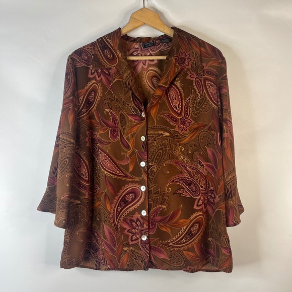 Laura Scott Tops - Laura Scott Blouse Women 18W Brown Paisley 3/4 Sleeve Button Front Career Top